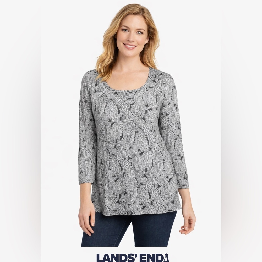 NWT Lands End Size Square Neck Peasant Paisley Top Black White XSP